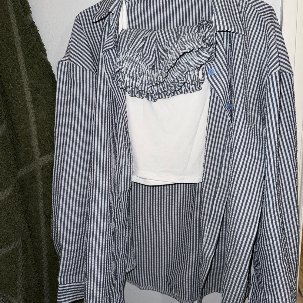 Striped Button-Up Shirt with White Tank Layered Look